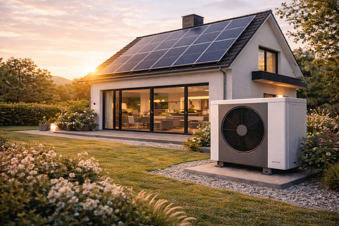 Modernes Haus mit Solardach und Wärmepumpe